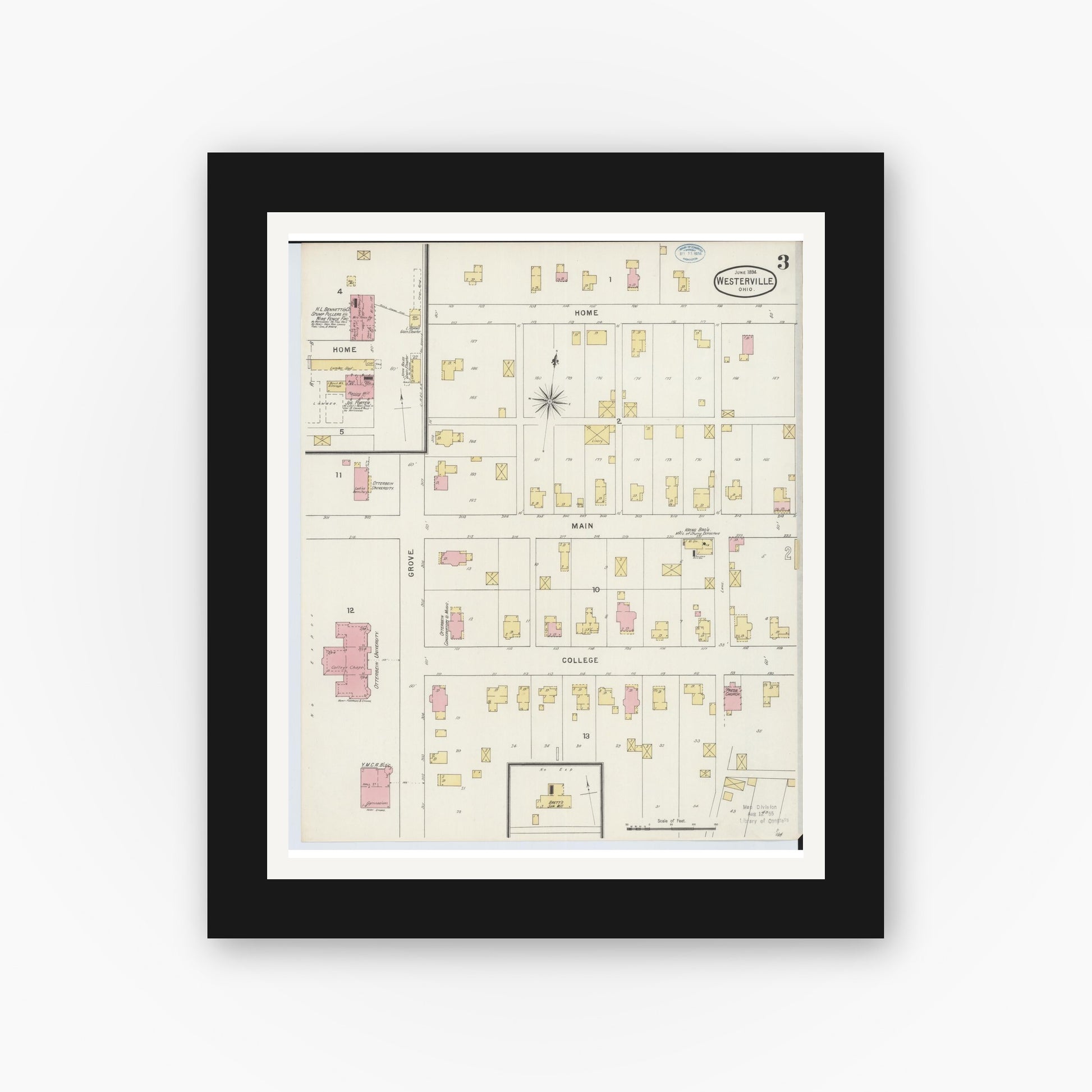 Old map wall art mockup — black gallery frame with white mat — Sanborn Fire Insurance Map from Westerville, Franklin County, Ohio (1894), Sheet #0003