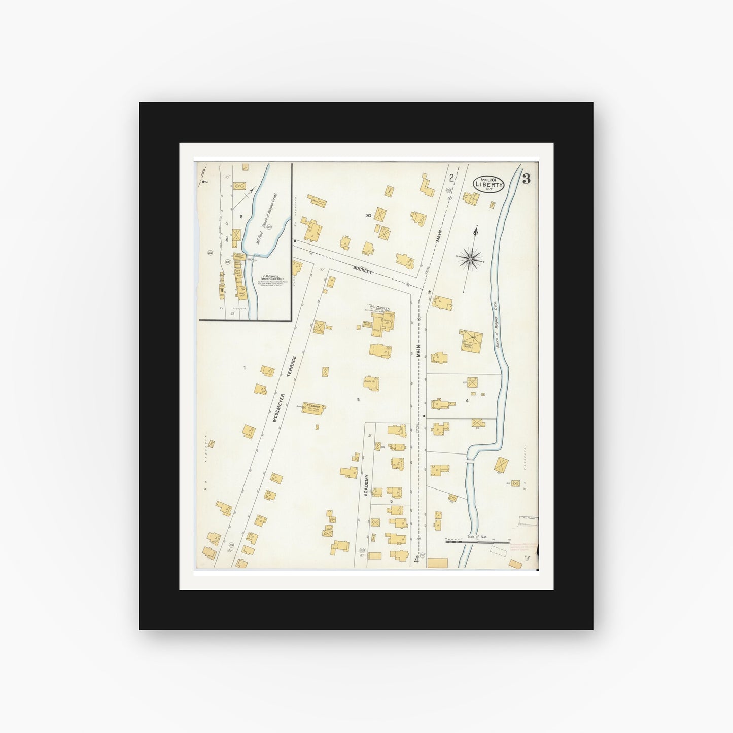 Old map wall art mockup — black gallery frame with white mat — Sanborn Fire Insurance Map from Liberty, Sullivan County, New York (1904), Sheet #0003