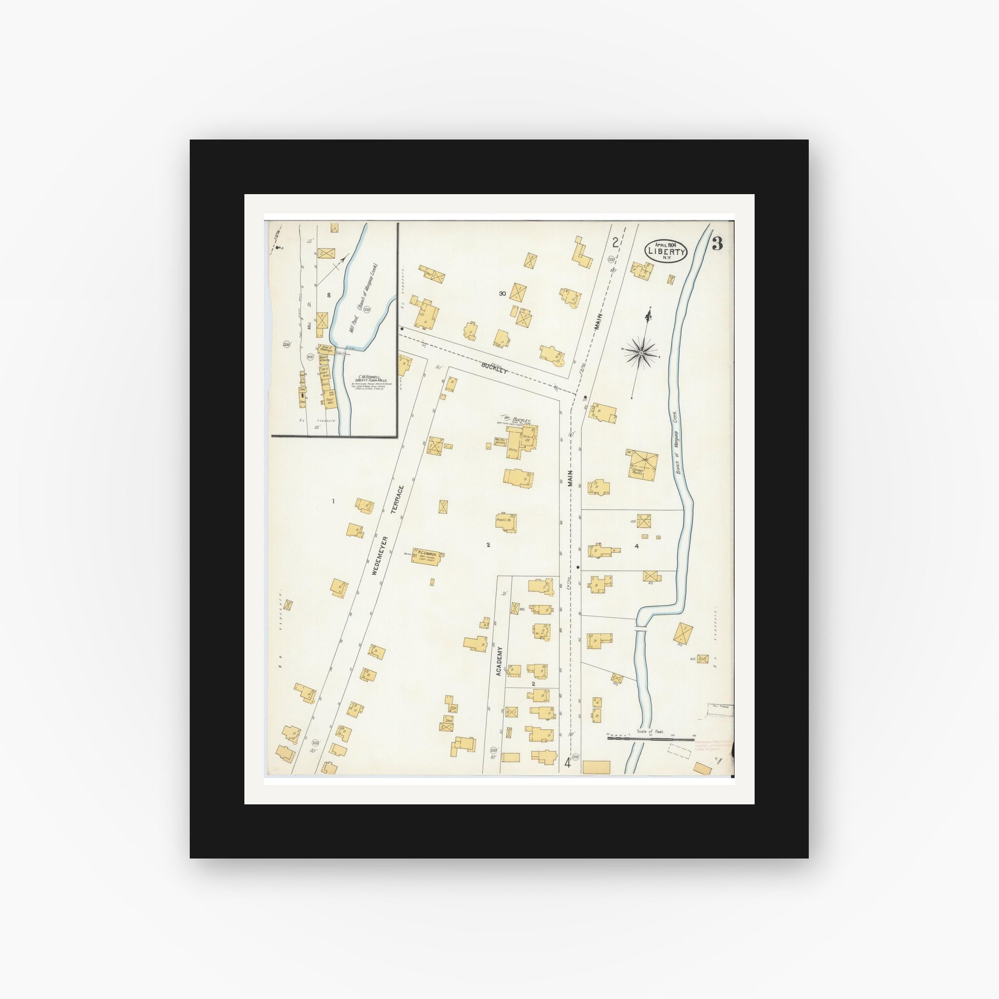 Old map wall art mockup — black gallery frame with white mat — Sanborn Fire Insurance Map from Liberty, Sullivan County, New York (1904), Sheet #0003