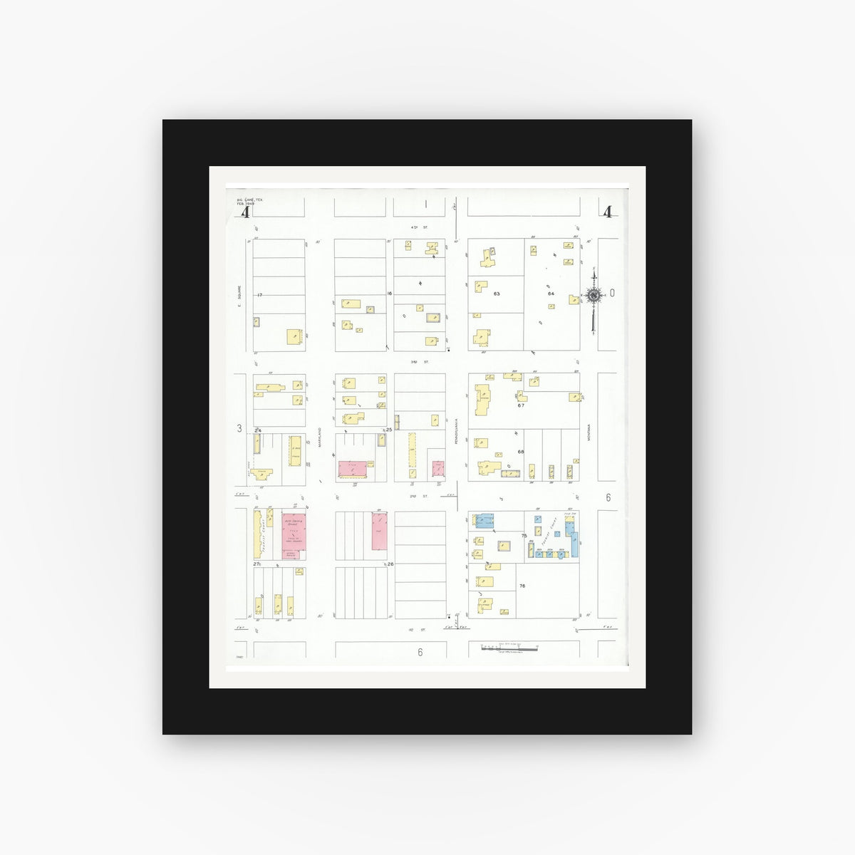 Old map wall art mockup — black gallery frame with white mat — Sanborn Fire Insurance Map from Big Lake, Reagan County, Texas (1949), Sheet #0004
