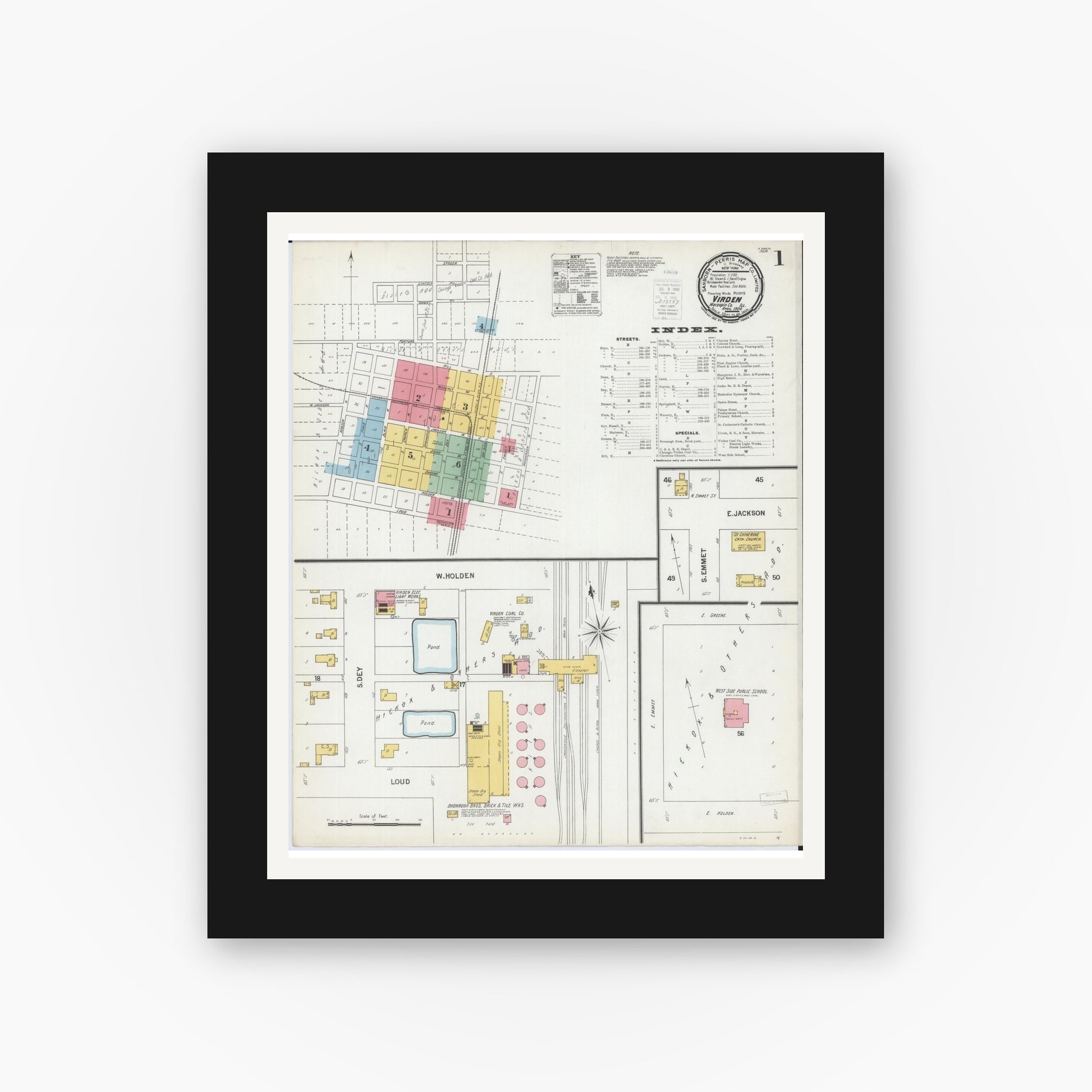 Old map wall art mockup — black gallery frame with white mat — Sanborn Fire Insurance Map from Virden, Macoupin County, Illinois (1900) - Complete Map Set