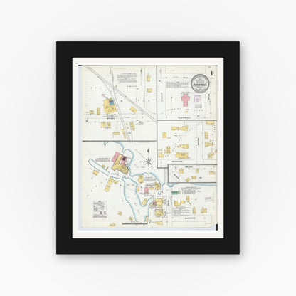 Old map wall art mockup — black gallery frame with white mat — Sanborn Fire Insurance Map from Plainwell, Allegan County, Michigan (1904), Sheet #0001