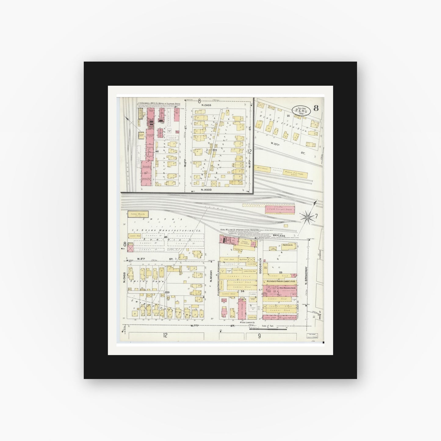 Old map wall art mockup — black gallery frame with white mat — Sanborn Fire Insurance Map from Peru, Miami County, Indiana (1906), Sheet #0008