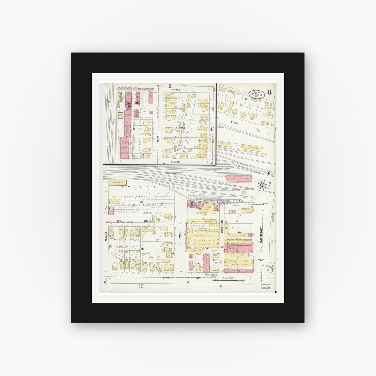 Old map wall art mockup — black gallery frame with white mat — Sanborn Fire Insurance Map from Peru, Miami County, Indiana (1906), Sheet #0008