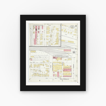Old map wall art mockup — black gallery frame with white mat — Sanborn Fire Insurance Map from Peru, Miami County, Indiana (1906), Sheet #0008