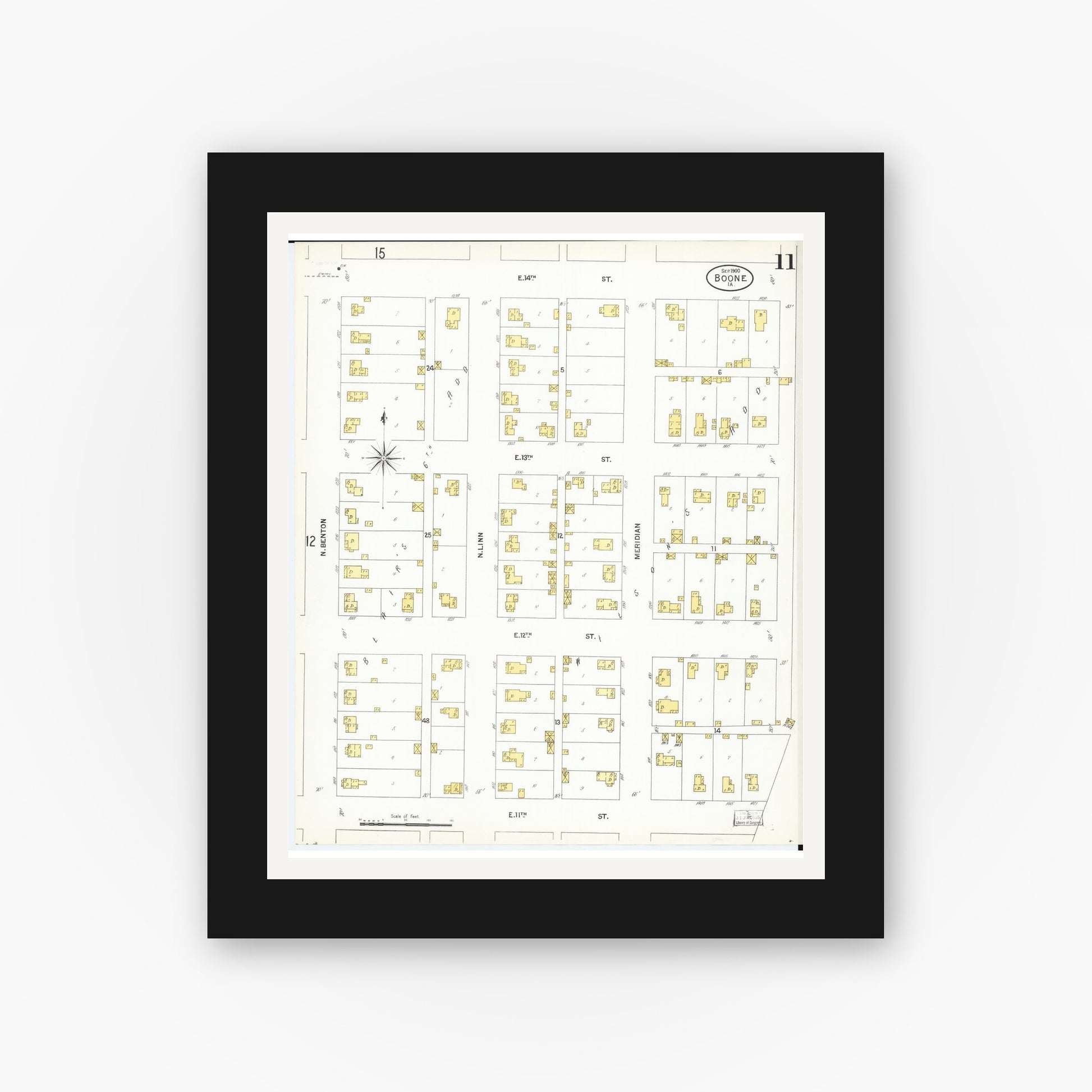 Old map wall art mockup — black gallery frame with white mat — Sanborn Fire Insurance Map from Boone, Boone County, Iowa (1900), Sheet #0011