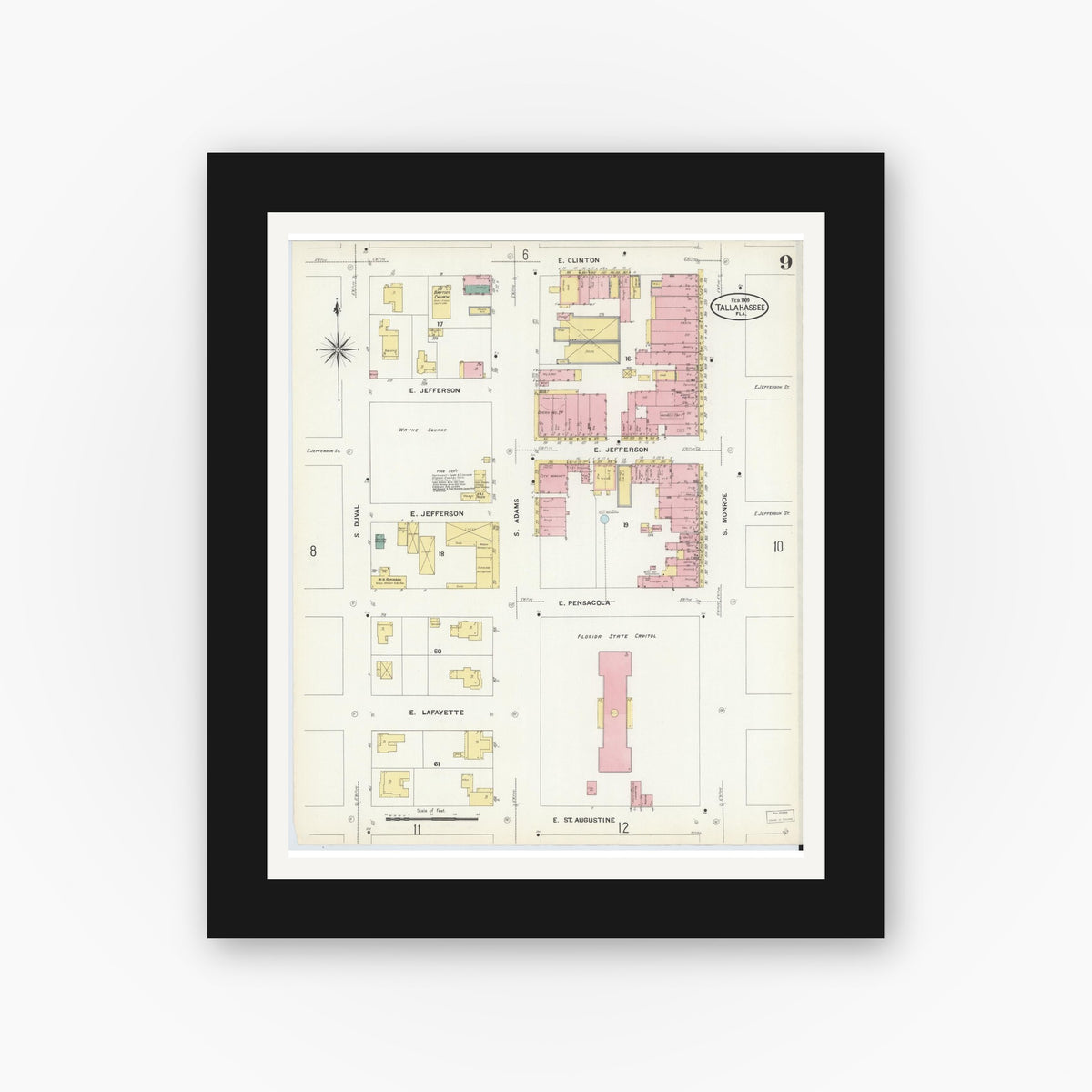 Old map wall art mockup — black gallery frame with white mat — Sanborn Fire Insurance Map from Tallahassee, Leon County, Florida (1909), Sheet #0009