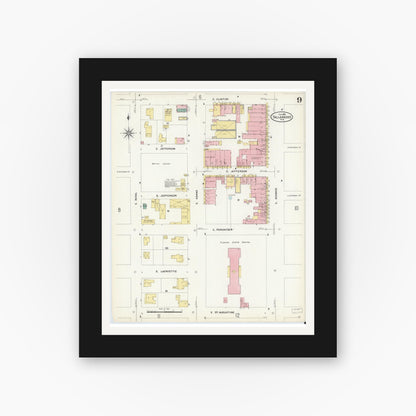 Old map wall art mockup — black gallery frame with white mat — Sanborn Fire Insurance Map from Tallahassee, Leon County, Florida (1909), Sheet #0009