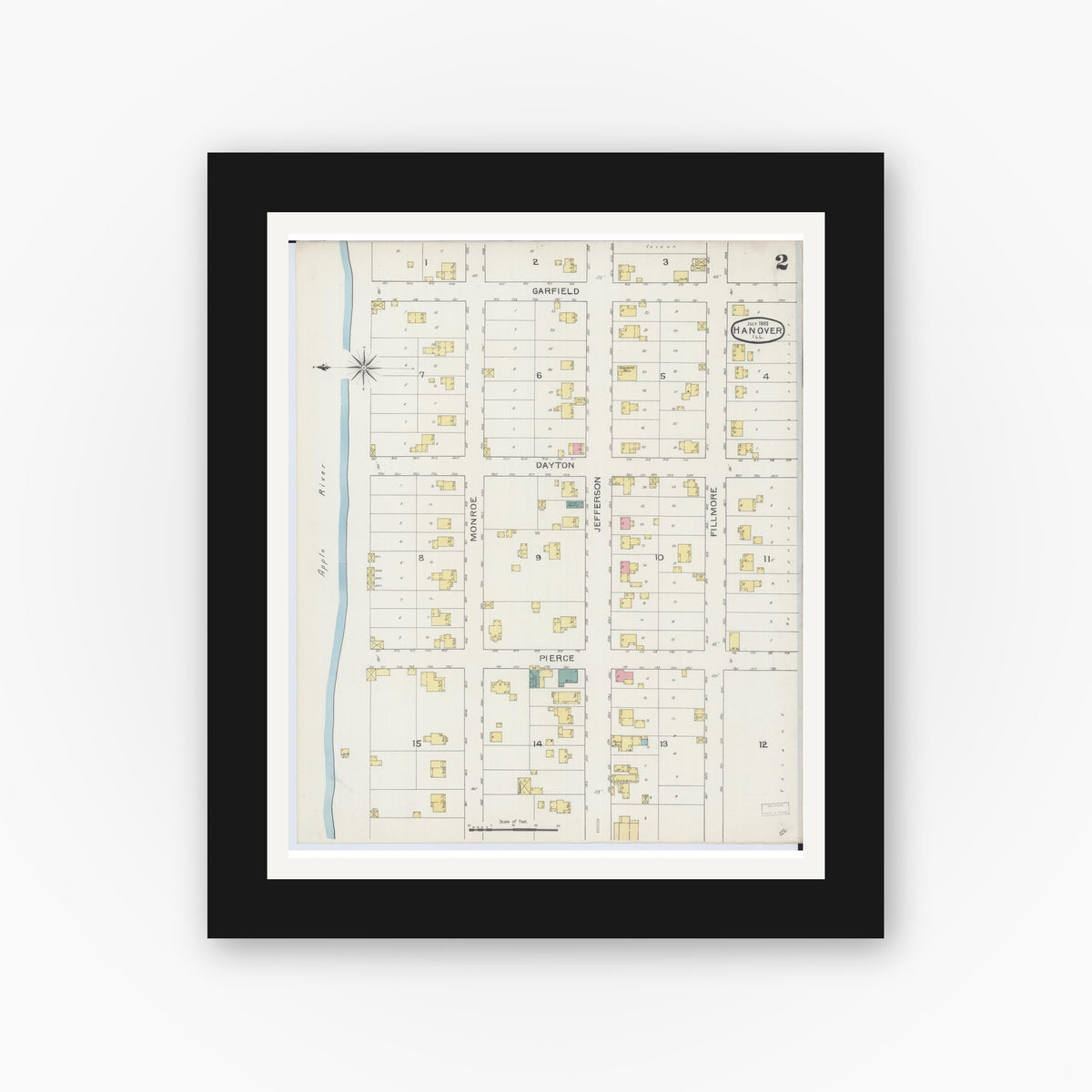 Old map wall art mockup — black gallery frame with white mat — Sanborn Fire Insurance Map from Hanover, Jo Daviess County, Illinois (1893), Sheet #0002