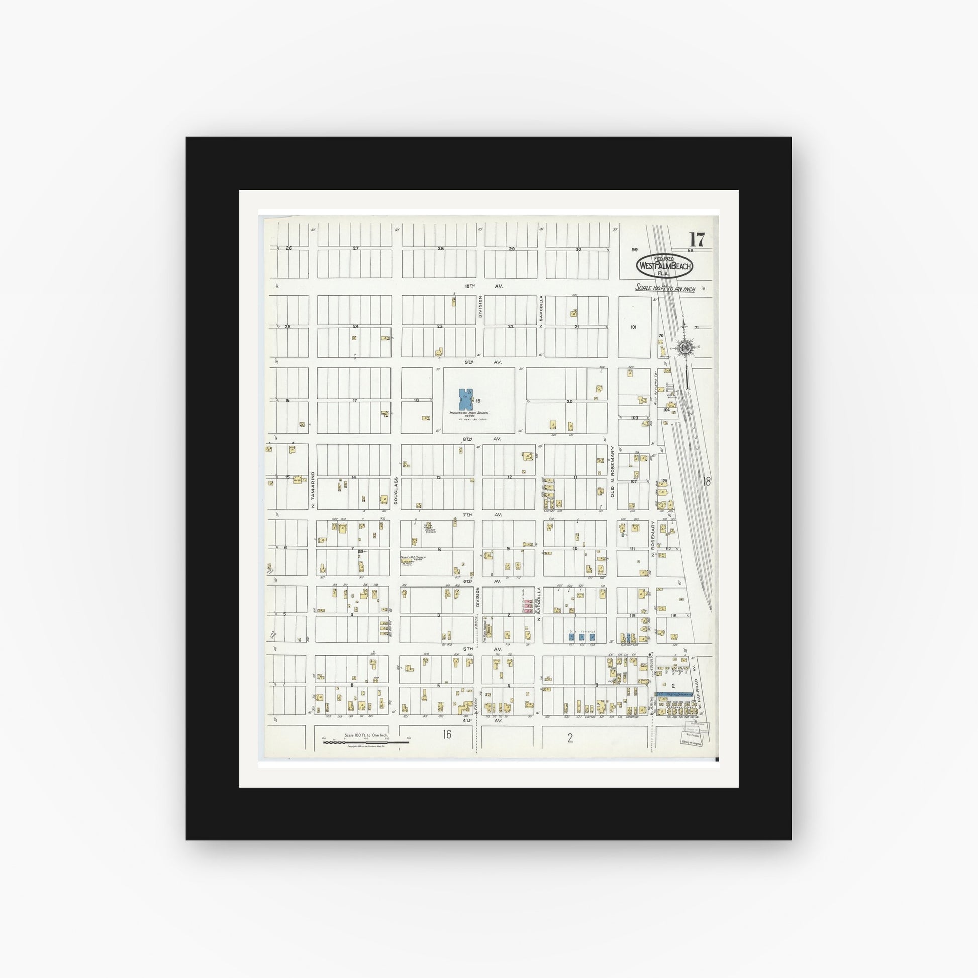Old map wall art mockup — black gallery frame with white mat — Sanborn Fire Insurance Map from West Palm Beach, Dade County, Florida (1920), Sheet #0017