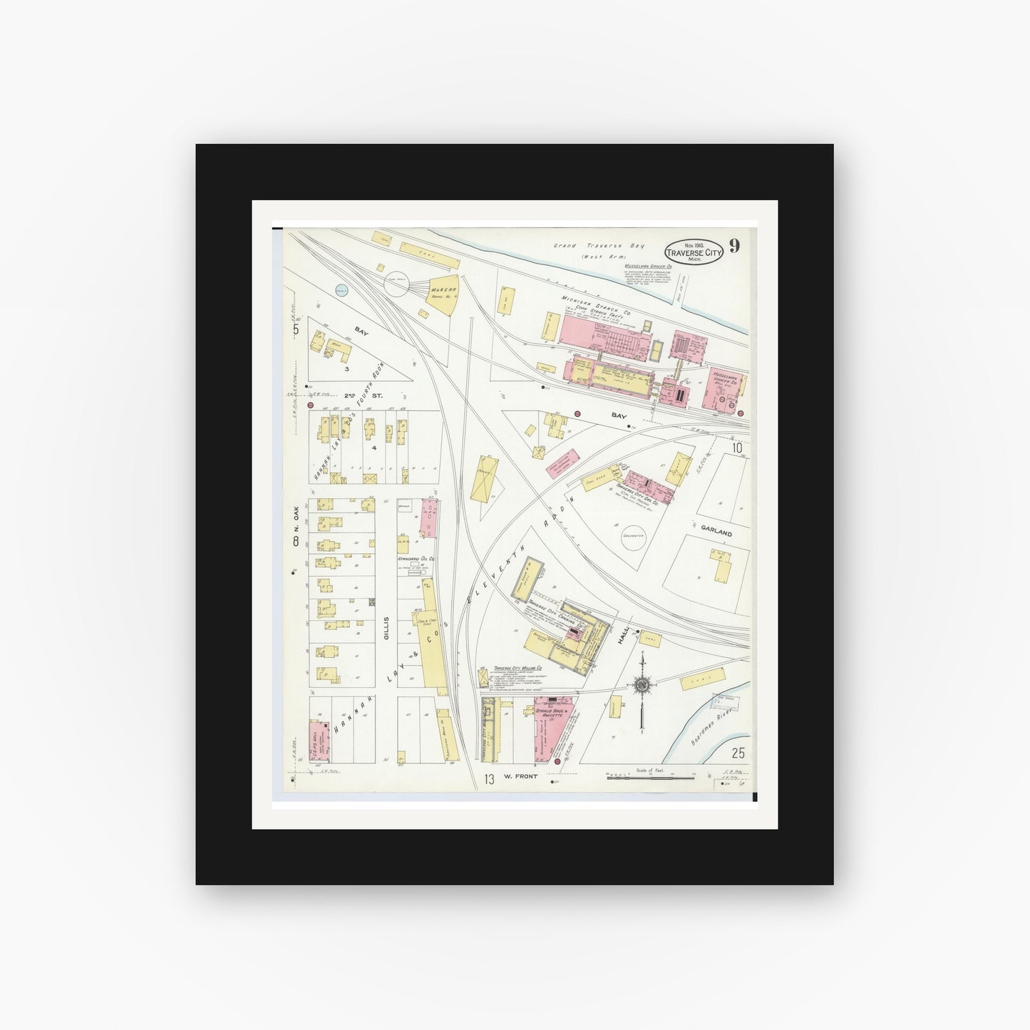 Old map wall art mockup — black gallery frame with white mat — Sanborn Fire Insurance Map from Traverse City, Grand Traverse County, Michigan (1910), Sheet #0009