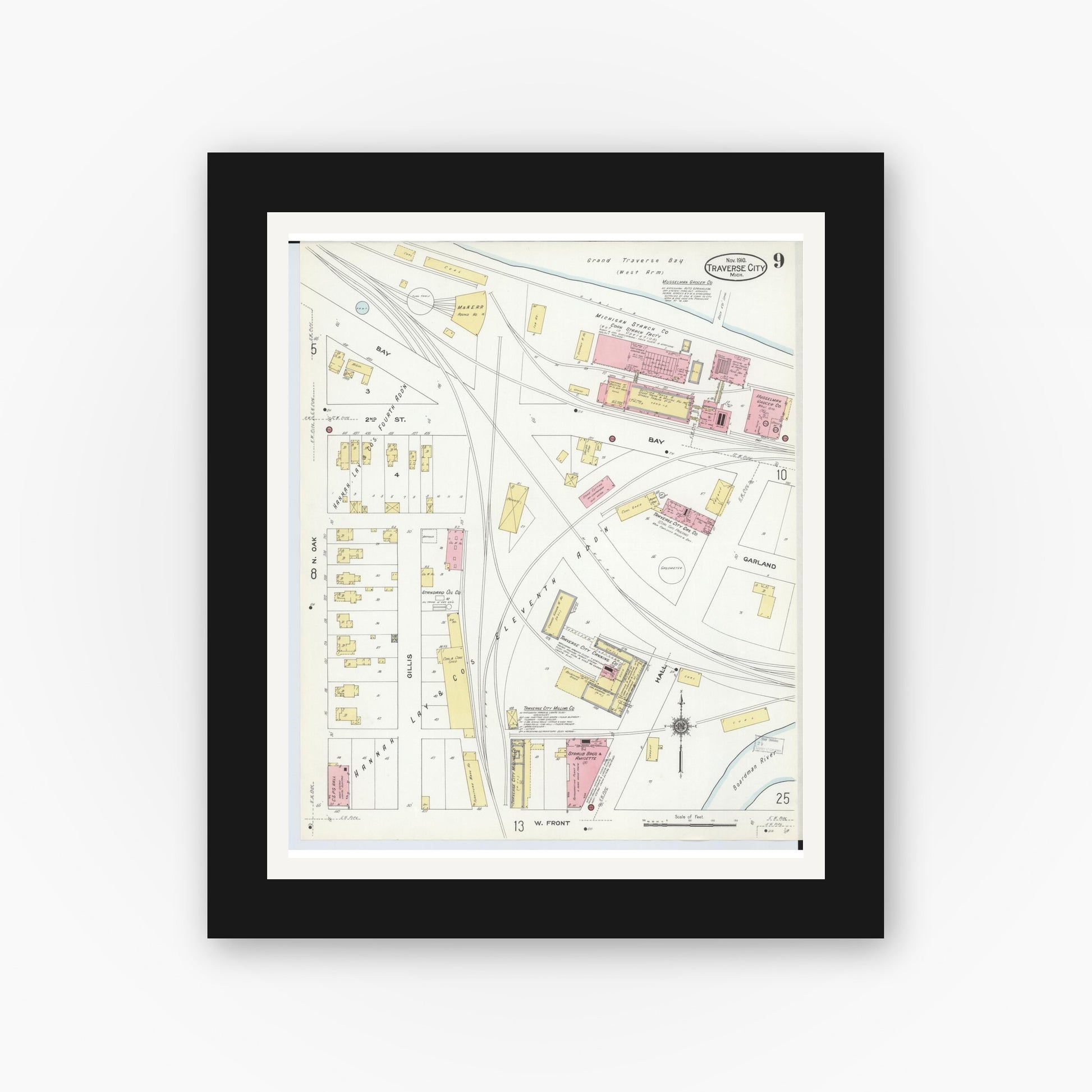 Old map wall art mockup — black gallery frame with white mat — Sanborn Fire Insurance Map from Traverse City, Grand Traverse County, Michigan (1910), Sheet #0009