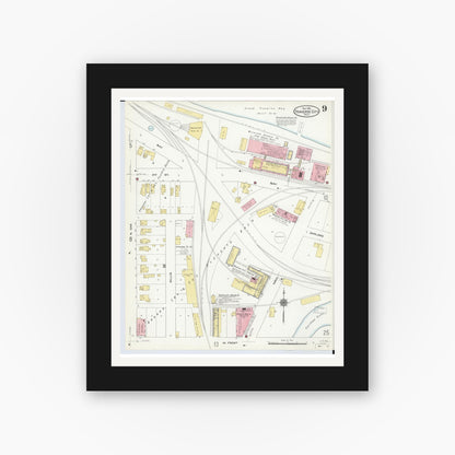 Old map wall art mockup — black gallery frame with white mat — Sanborn Fire Insurance Map from Traverse City, Grand Traverse County, Michigan (1910), Sheet #0009