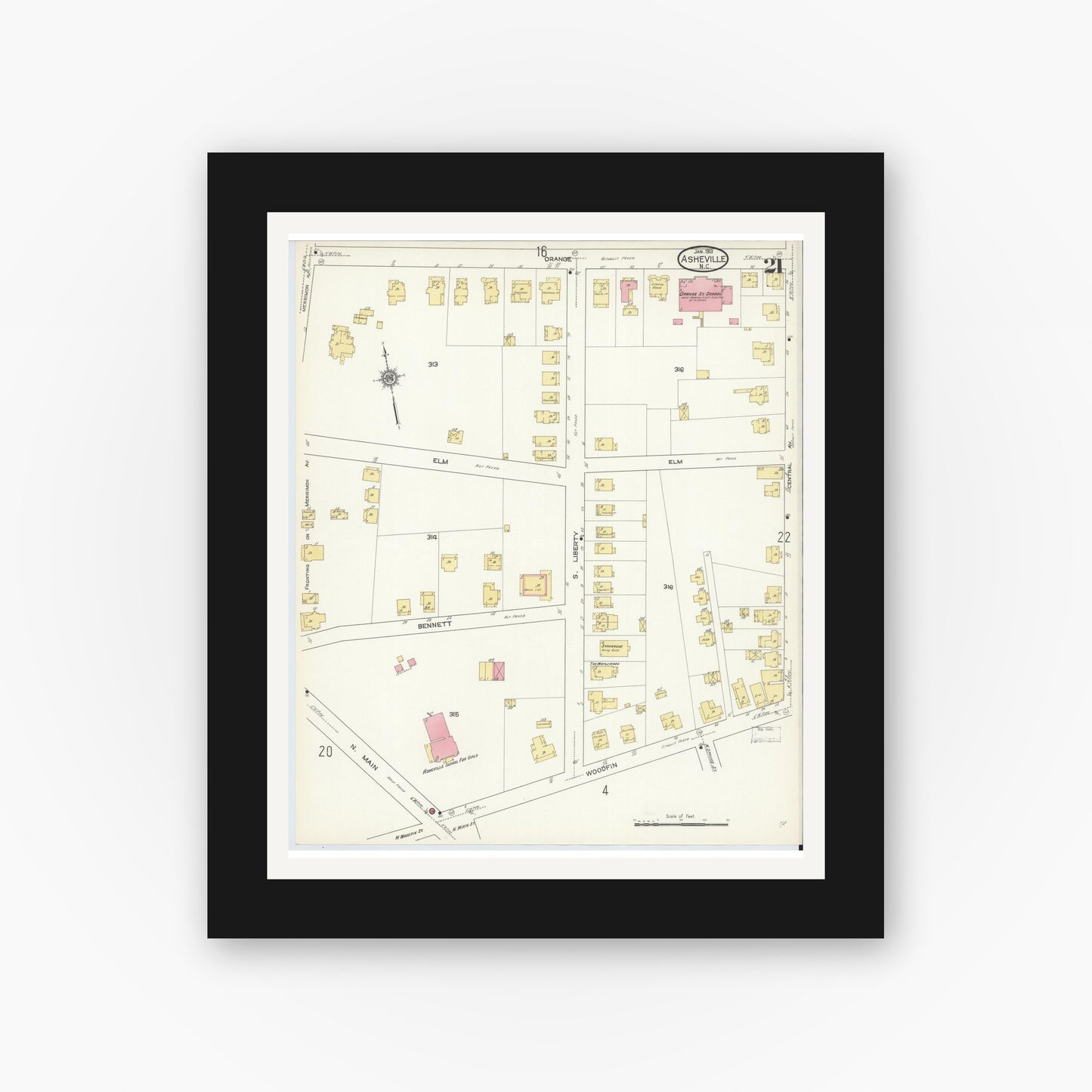 Old map wall art mockup — black gallery frame with white mat — Sanborn Fire Insurance Map from Asheville, Buncombe County, North Carolina (1913), Sheet #0021