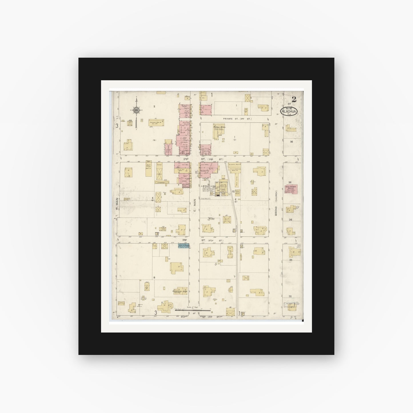 Old map wall art mockup — black gallery frame with white mat — Sanborn Fire Insurance Map from Alachua, Alachua County, Florida (1912), Sheet #0002