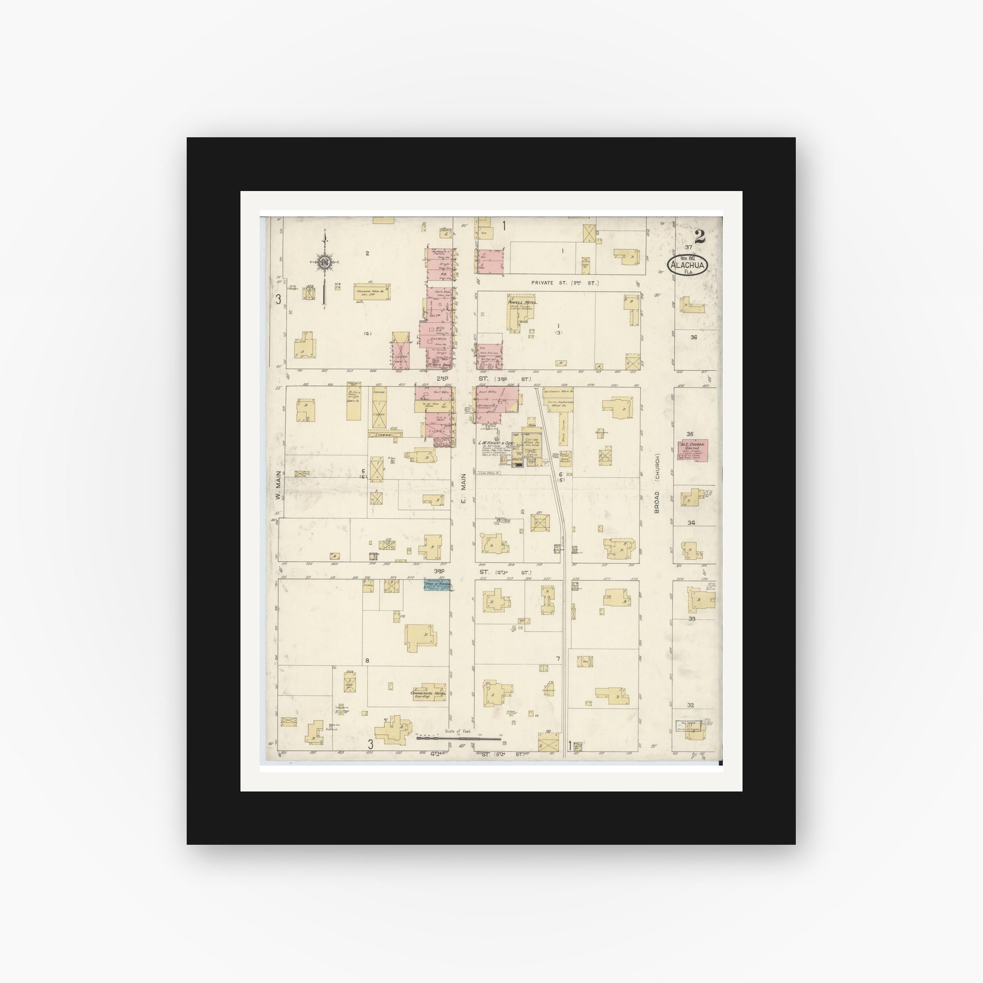 Old map wall art mockup — black gallery frame with white mat — Sanborn Fire Insurance Map from Alachua, Alachua County, Florida (1912), Sheet #0002