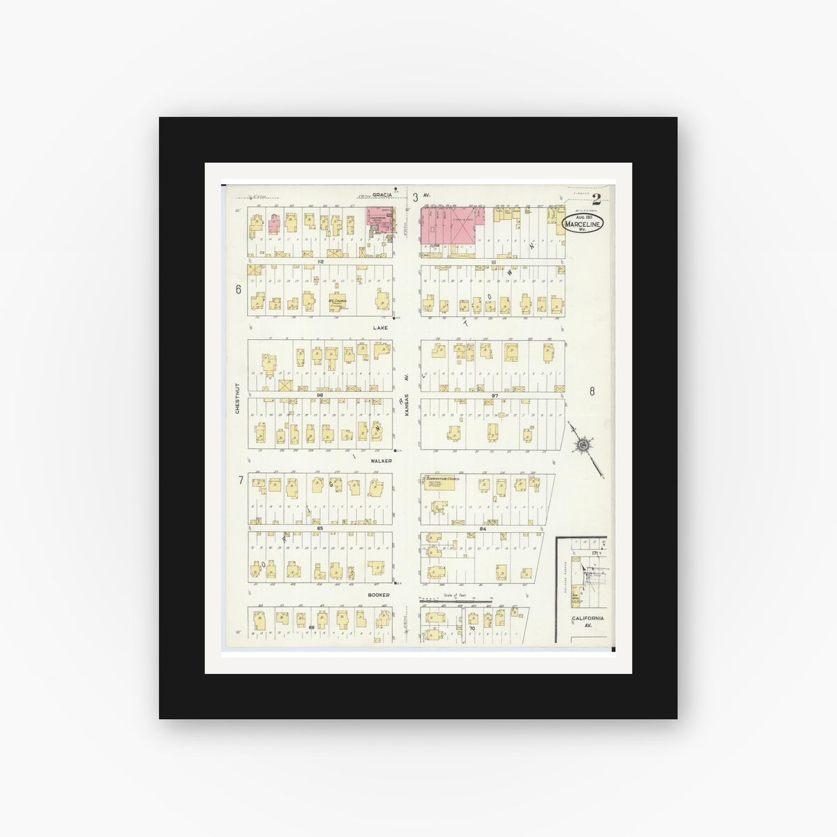 Old map wall art mockup — black gallery frame with white mat — Sanborn Fire Insurance Map from Marceline, Linn County, Missouri (1911), Sheet #0002