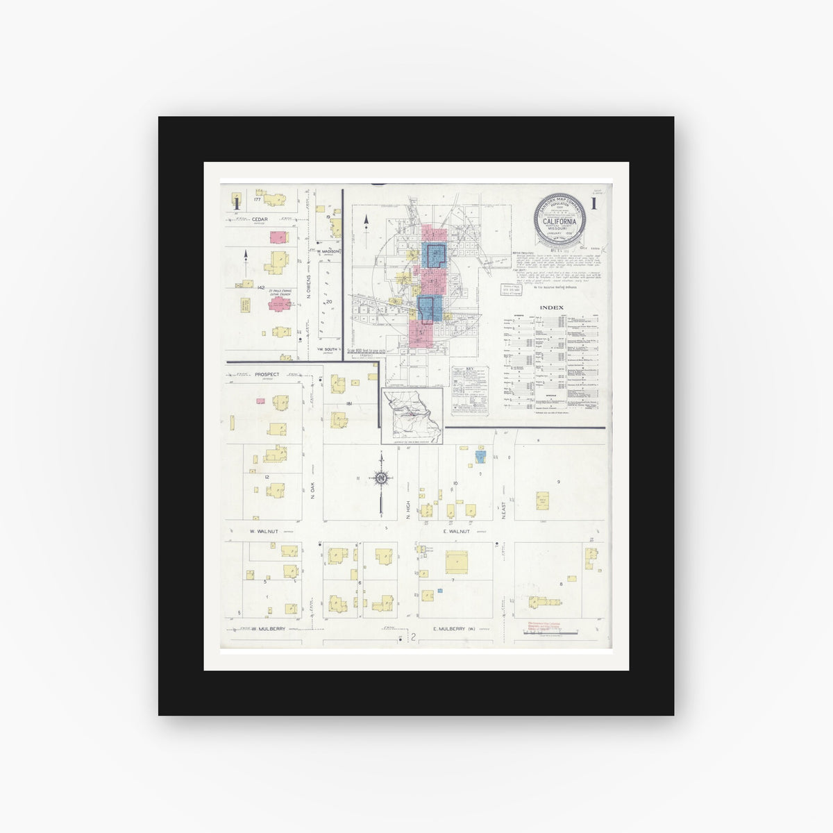 Old map wall art mockup — black gallery frame with white mat — Sanborn Fire Insurance Map from California, Moniteau County, Missouri (1930) - Complete Map Set