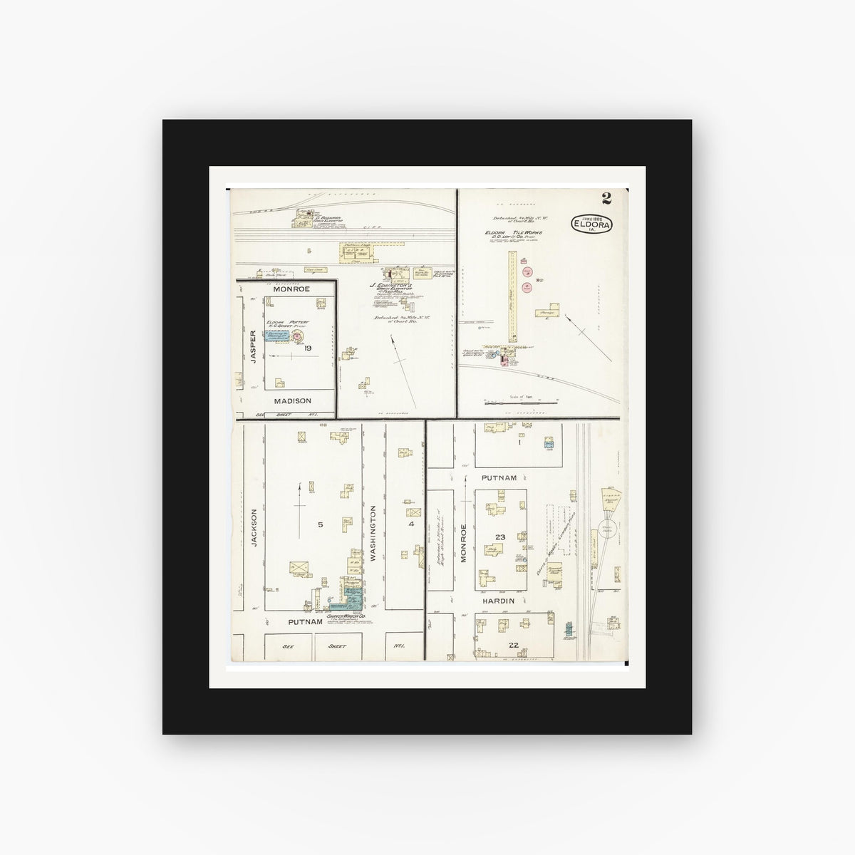 Old map wall art mockup — black gallery frame with white mat — Sanborn Fire Insurance Map from Eldora, Hardin County, Iowa (1886), Sheet #0002