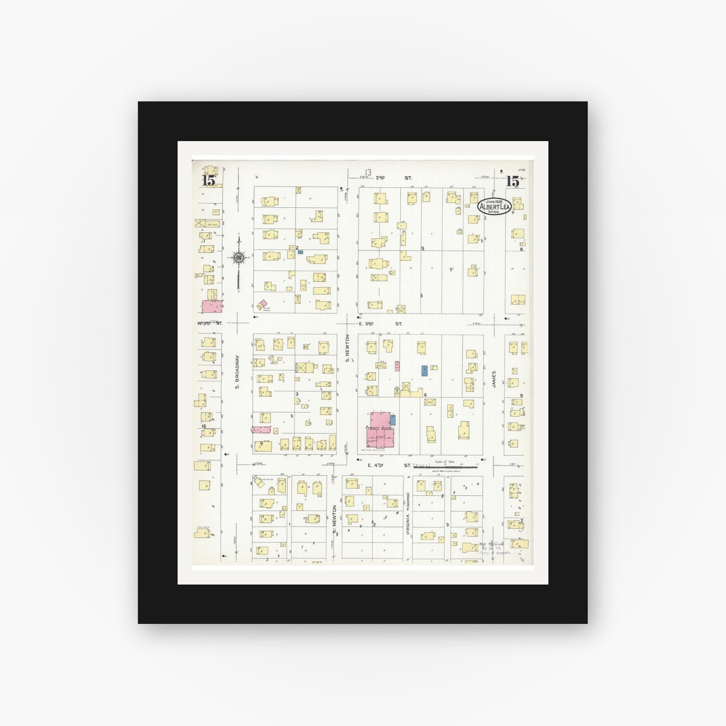 Old map wall art mockup — black gallery frame with white mat — Sanborn Fire Insurance Map from Albert Lea, Freeborn County, Minnesota (1926), Sheet #0015