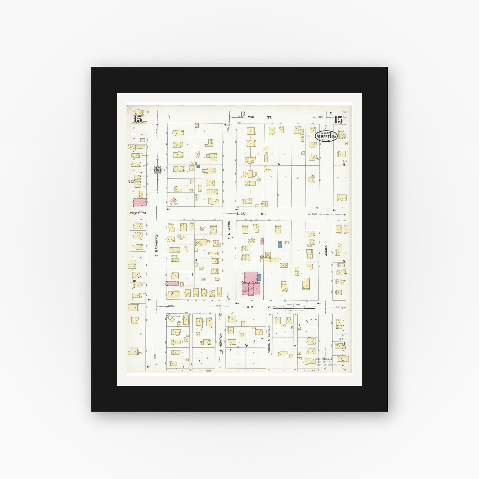 Old map wall art mockup — black gallery frame with white mat — Sanborn Fire Insurance Map from Albert Lea, Freeborn County, Minnesota (1926), Sheet #0015