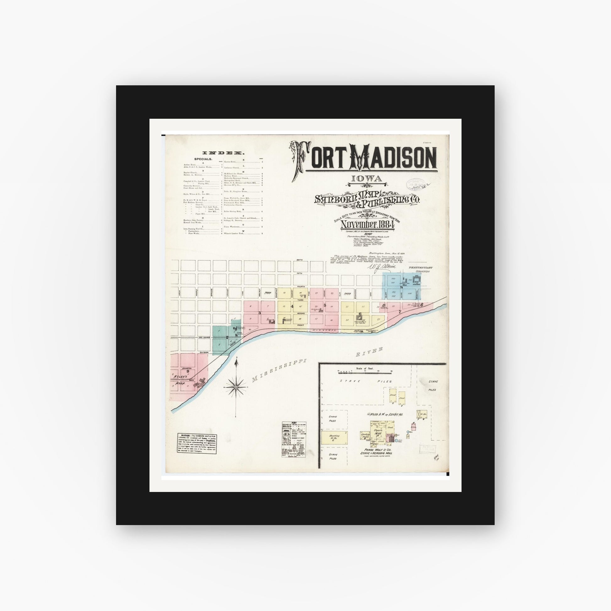 Old map wall art mockup — black gallery frame with white mat — Sanborn Fire Insurance Map from Fort Madison, Lee County, Iowa (1884) â€” Complete Set