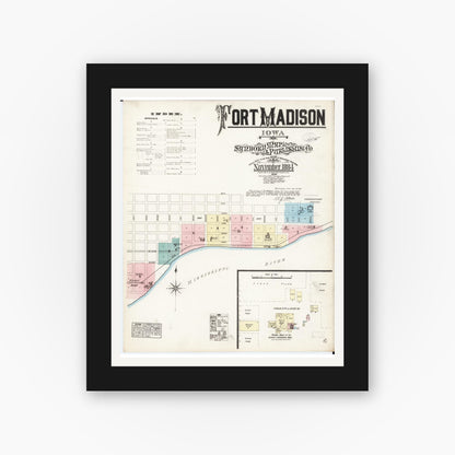 Old map wall art mockup — black gallery frame with white mat — Sanborn Fire Insurance Map from Fort Madison, Lee County, Iowa (1884) â€” Complete Set