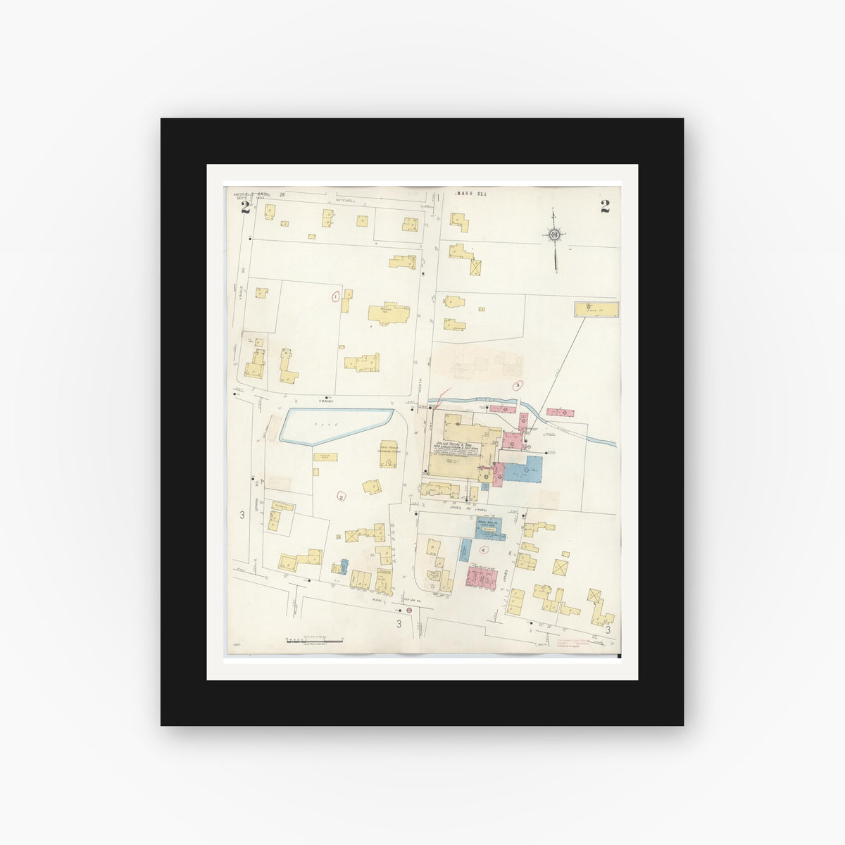 Old map wall art mockup — black gallery frame with white mat — Sanborn Fire Insurance Map from Medfield, Norfolk County, Massachusetts (1943), Sheet #0002