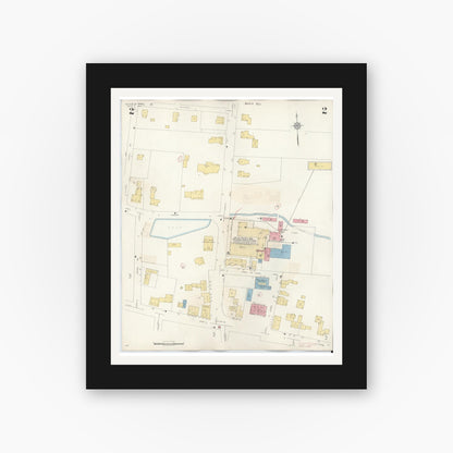 Old map wall art mockup — black gallery frame with white mat — Sanborn Fire Insurance Map from Medfield, Norfolk County, Massachusetts (1943), Sheet #0002