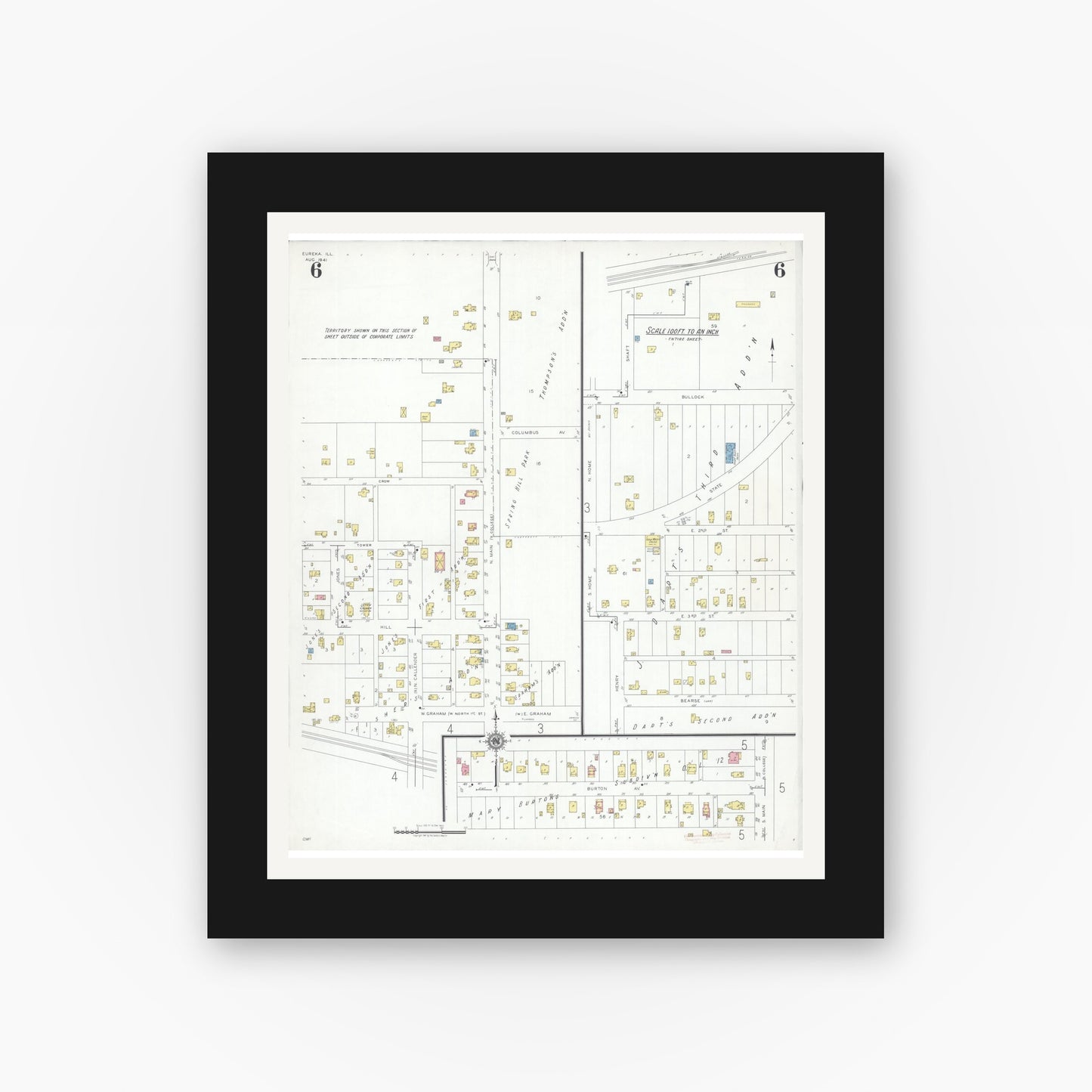 Old map wall art mockup — black gallery frame with white mat — Sanborn Fire Insurance Map from Eureka, Woodford County, Illinois (1941), Sheet #0006