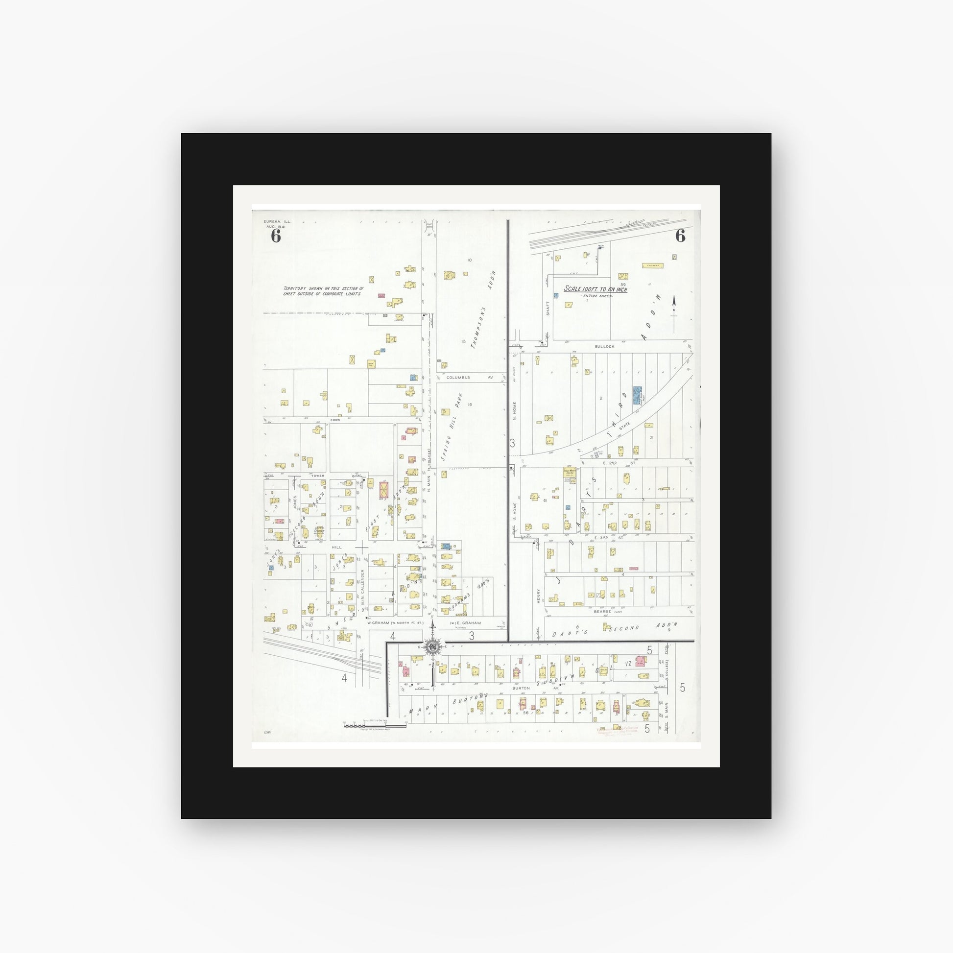 Old map wall art mockup — black gallery frame with white mat — Sanborn Fire Insurance Map from Eureka, Woodford County, Illinois (1941), Sheet #0006