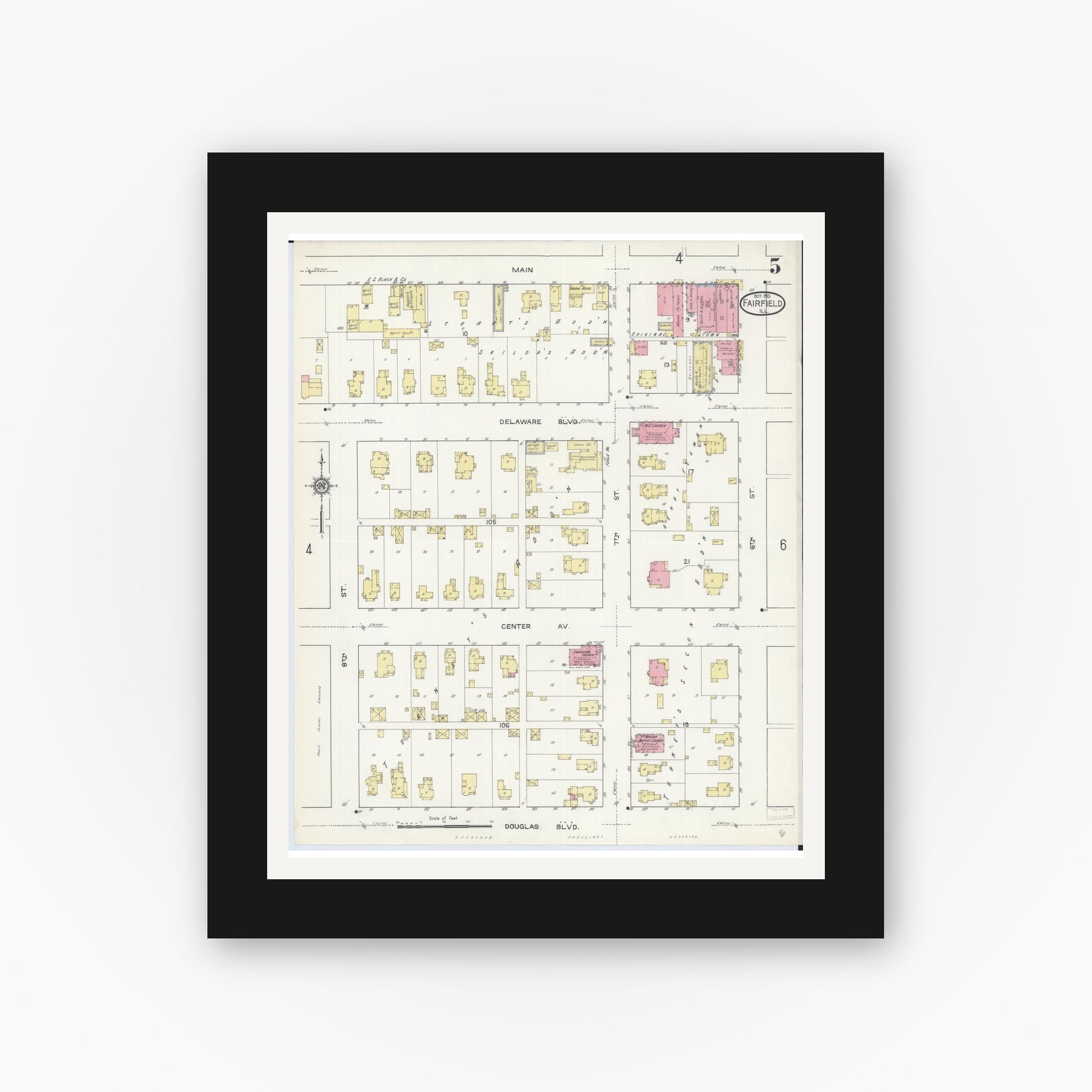 Old map wall art mockup — black gallery frame with white mat — Sanborn Fire Insurance Map from Fairfield, Wayne County, Illinois (1913), Sheet #0005