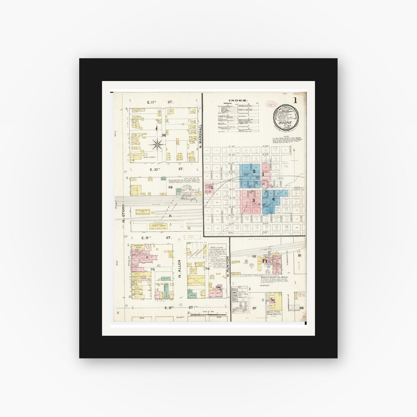Old map wall art mockup — black gallery frame with white mat — Sanborn Fire Insurance Map from Boone, Boone County, Iowa (1888) â€” Complete Set