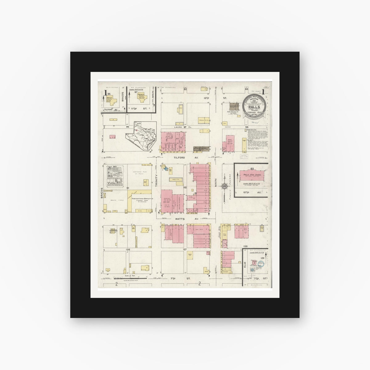 Old map wall art mockup — black gallery frame with white mat — Sanborn Fire Insurance Map from Ralls, Crosby County, Texas (1926), Sheet #0001