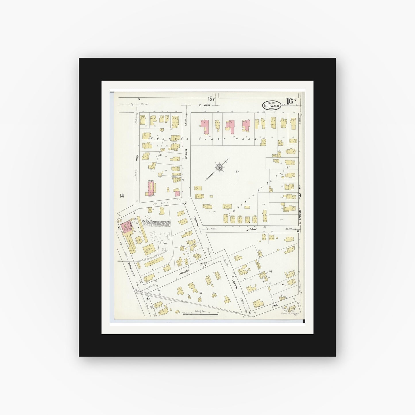 Old map wall art mockup — black gallery frame with white mat — Sanborn Fire Insurance Map from Norwalk, Huron County, Ohio (1911), Sheet #0016