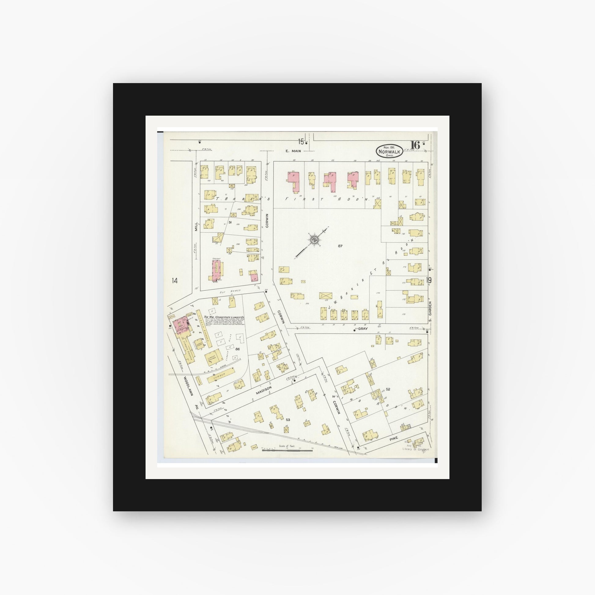 Old map wall art mockup — black gallery frame with white mat — Sanborn Fire Insurance Map from Norwalk, Huron County, Ohio (1911), Sheet #0016