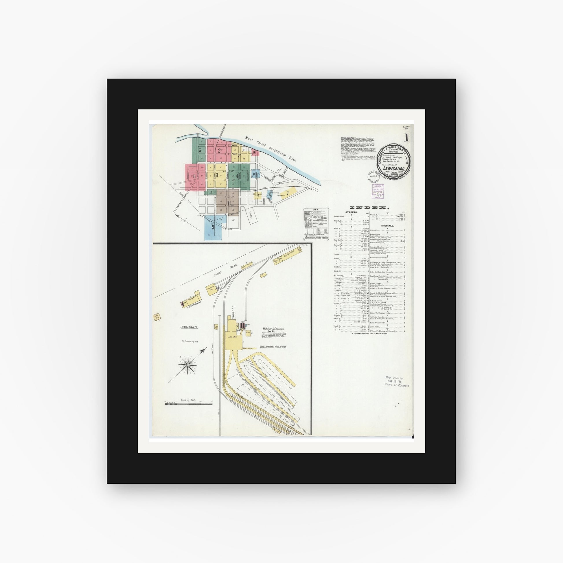 Old map wall art mockup — black gallery frame with white mat — Sanborn Fire Insurance Map from Lewisburg, Union County, Pennsylvania (1901), Sheet #0001
