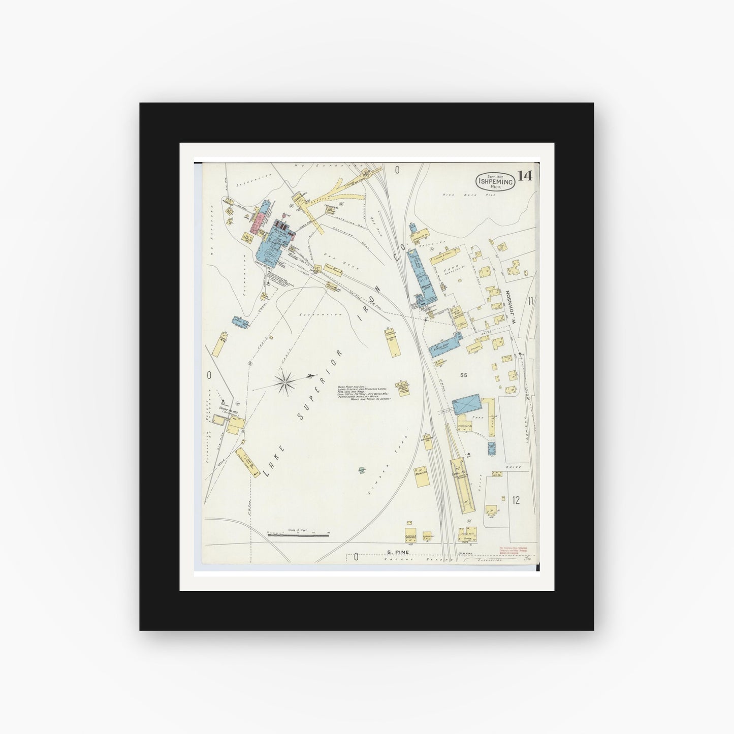 Old map wall art mockup — black gallery frame with white mat — Sanborn Fire Insurance Map from Ishpeming, Marquette County, Michigan (1897), Sheet #0014