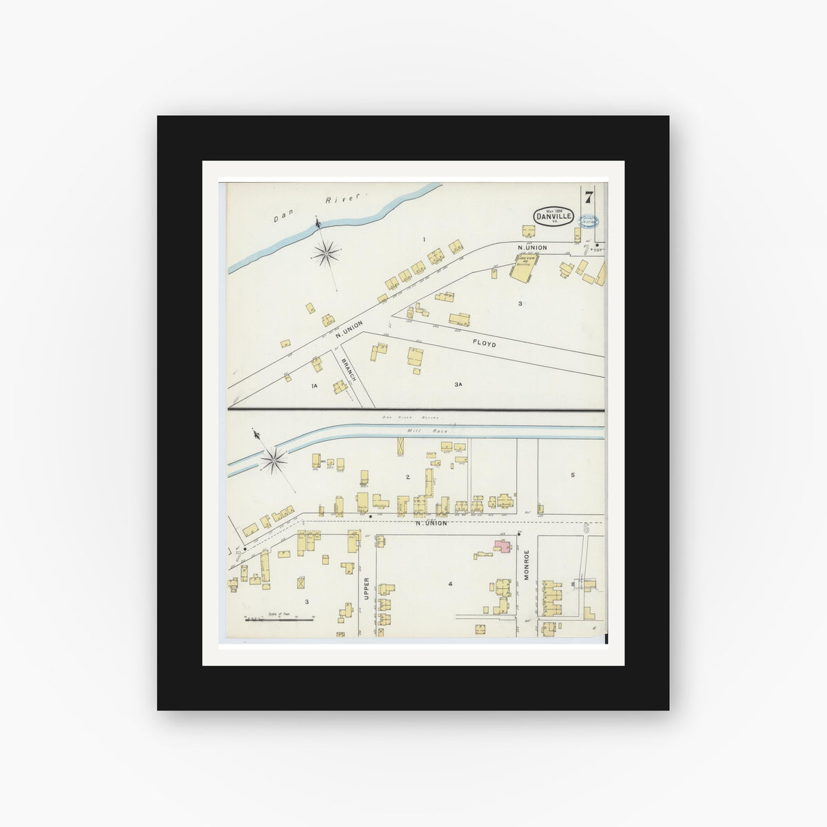 Old map wall art mockup — black gallery frame with white mat — Sanborn Fire Insurance Map from Danville, Independent Cities, Virginia (1894), Sheet #0007