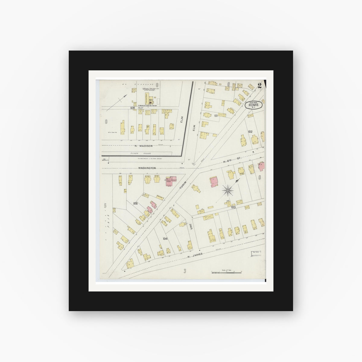 Old map wall art mockup — black gallery frame with white mat — Sanborn Fire Insurance Map from Rome, Oneida County, New York (1894), Sheet #0002