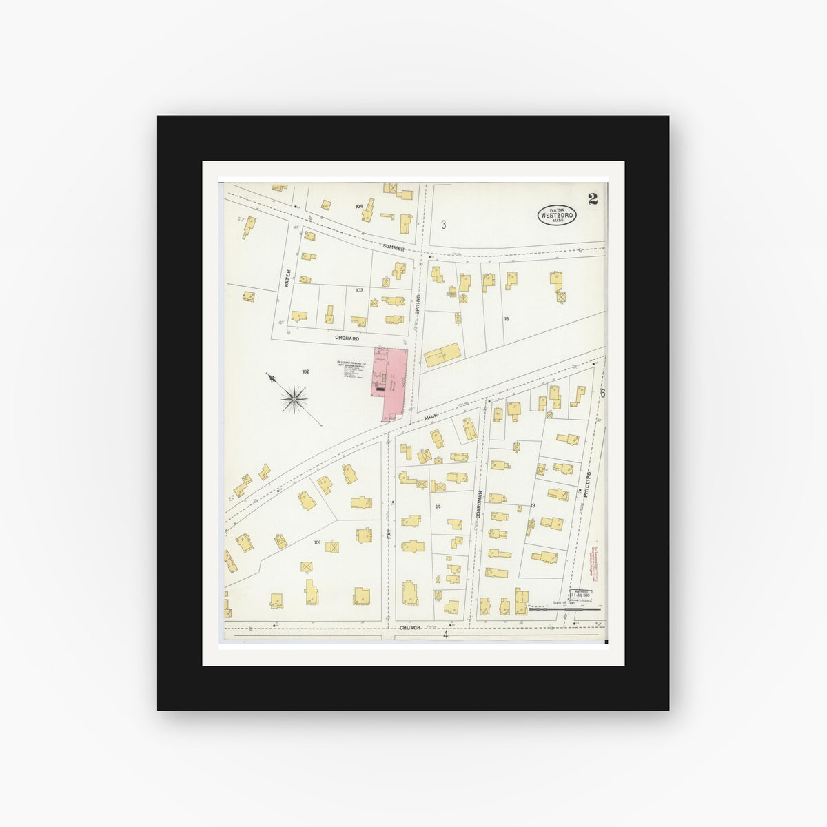Old map wall art mockup — black gallery frame with white mat — Sanborn Fire Insurance Map from Westboro, Worcester County, Massachusetts (1904), Sheet #0002