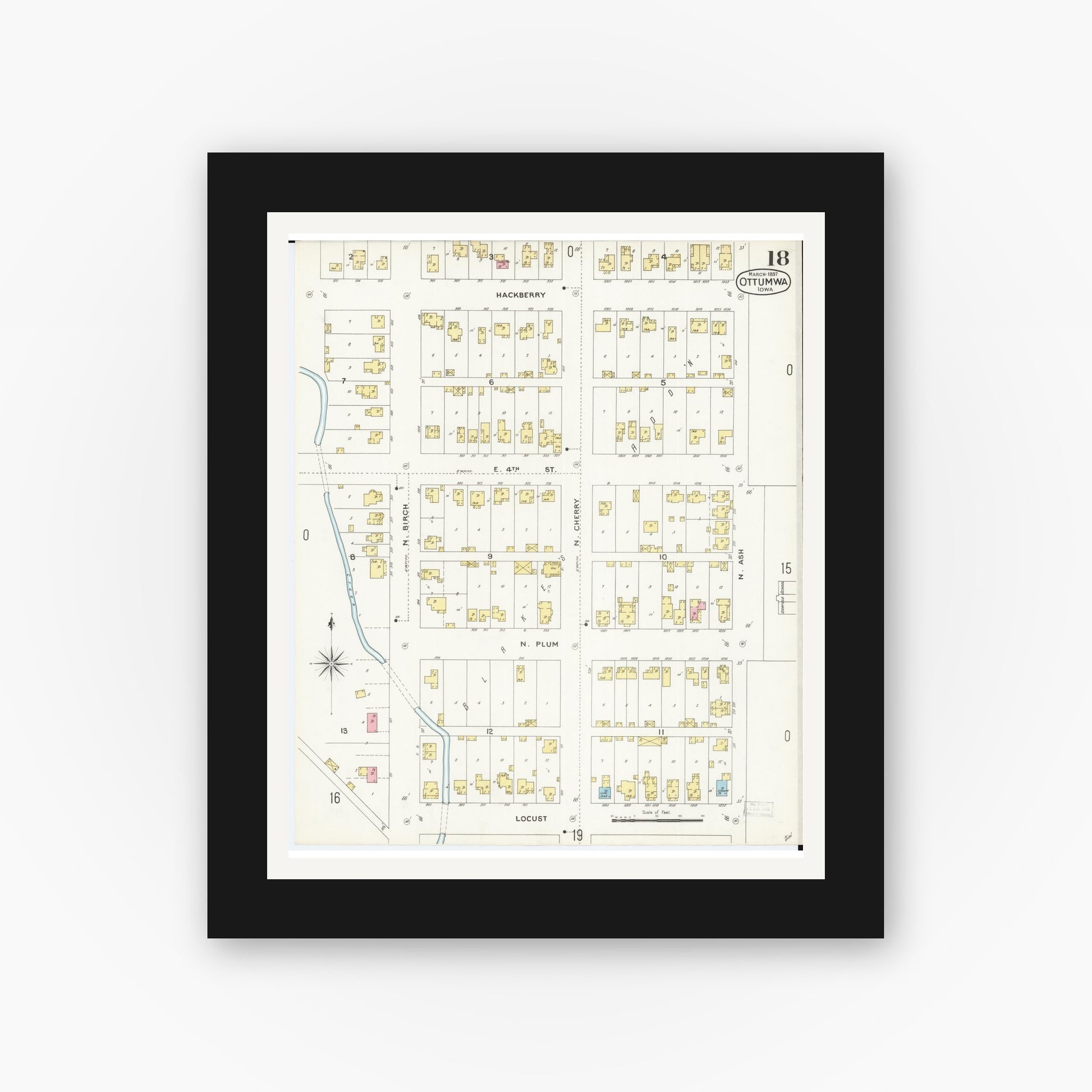 Old map wall art mockup — black gallery frame with white mat — Sanborn Fire Insurance Map from Ottumwa, Wapello County, Iowa (1897), Sheet #0018