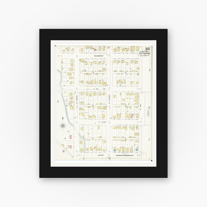 Old map wall art mockup — black gallery frame with white mat — Sanborn Fire Insurance Map from Ottumwa, Wapello County, Iowa (1897), Sheet #0018