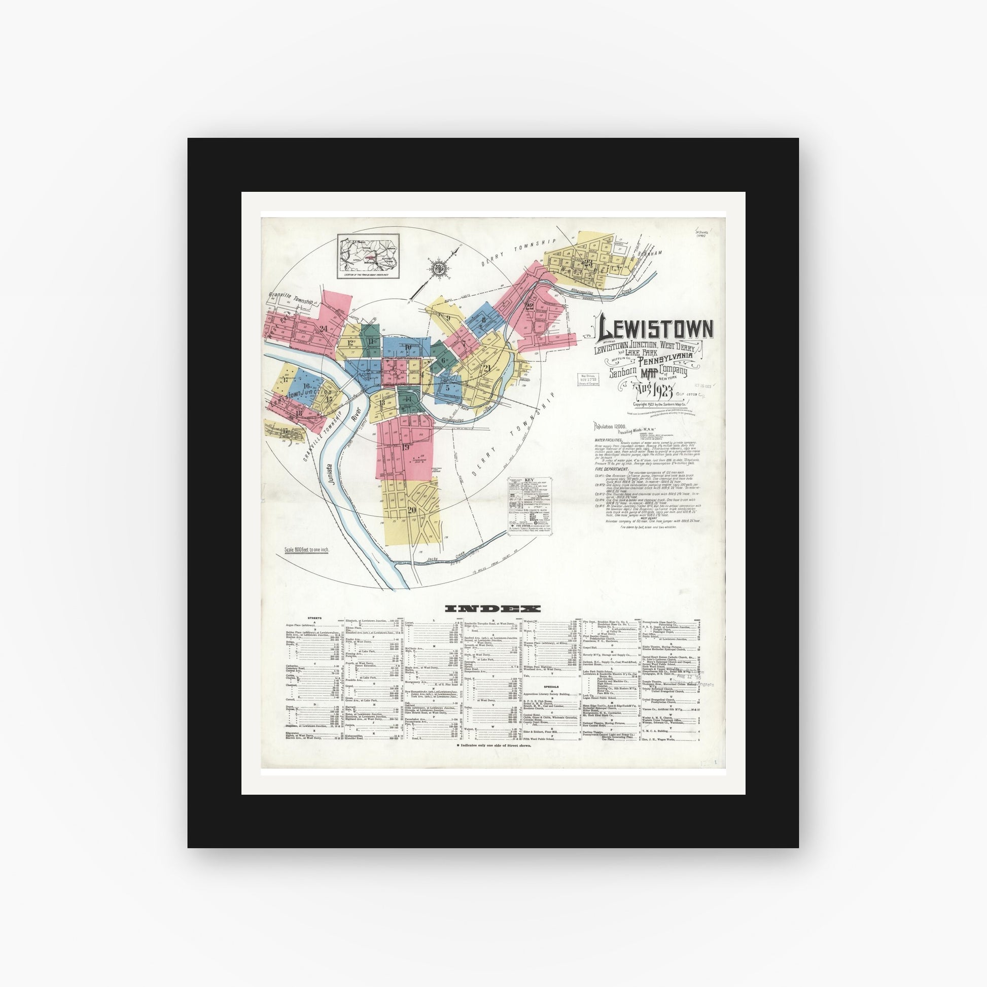 Old map wall art mockup — black gallery frame with white mat — Sanborn Fire Insurance Map from Lewistown, Mifflin County, Pennsylvania (1923) - Complete Map Set