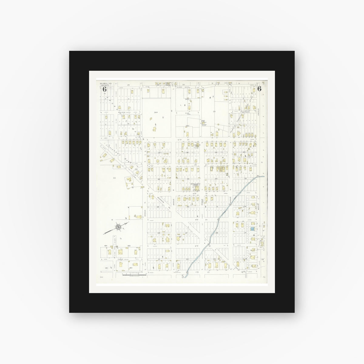 Old map wall art mockup — black gallery frame with white mat — Sanborn Fire Insurance Map from Silsbee, Hardin County, Texas (1937), Sheet #0006