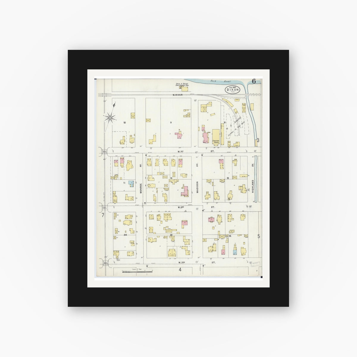 Old map wall art mockup — black gallery frame with white mat — Sanborn Fire Insurance Map from Dixon, Lee County, Illinois (1897), Sheet #0006
