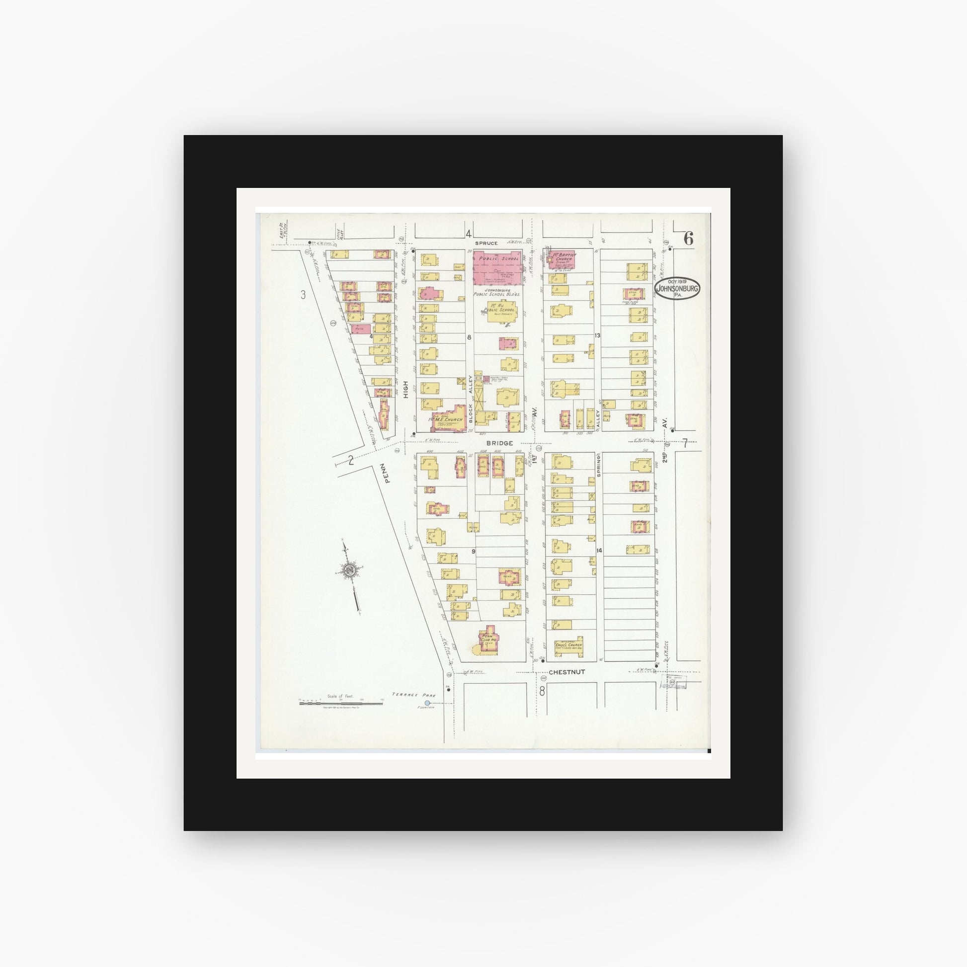 Old map wall art mockup — black gallery frame with white mat — Sanborn Fire Insurance Map from Johnsonburg, Elk County, Pennsylvania (1919), Sheet #0006