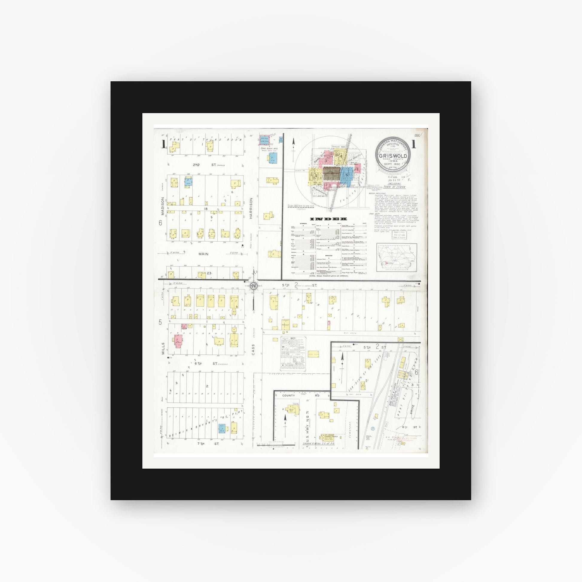 Old map wall art mockup — black gallery frame with white mat — Sanborn Fire Insurance Map from Griswold, Cass County, Iowa (1930), Sheet #0001