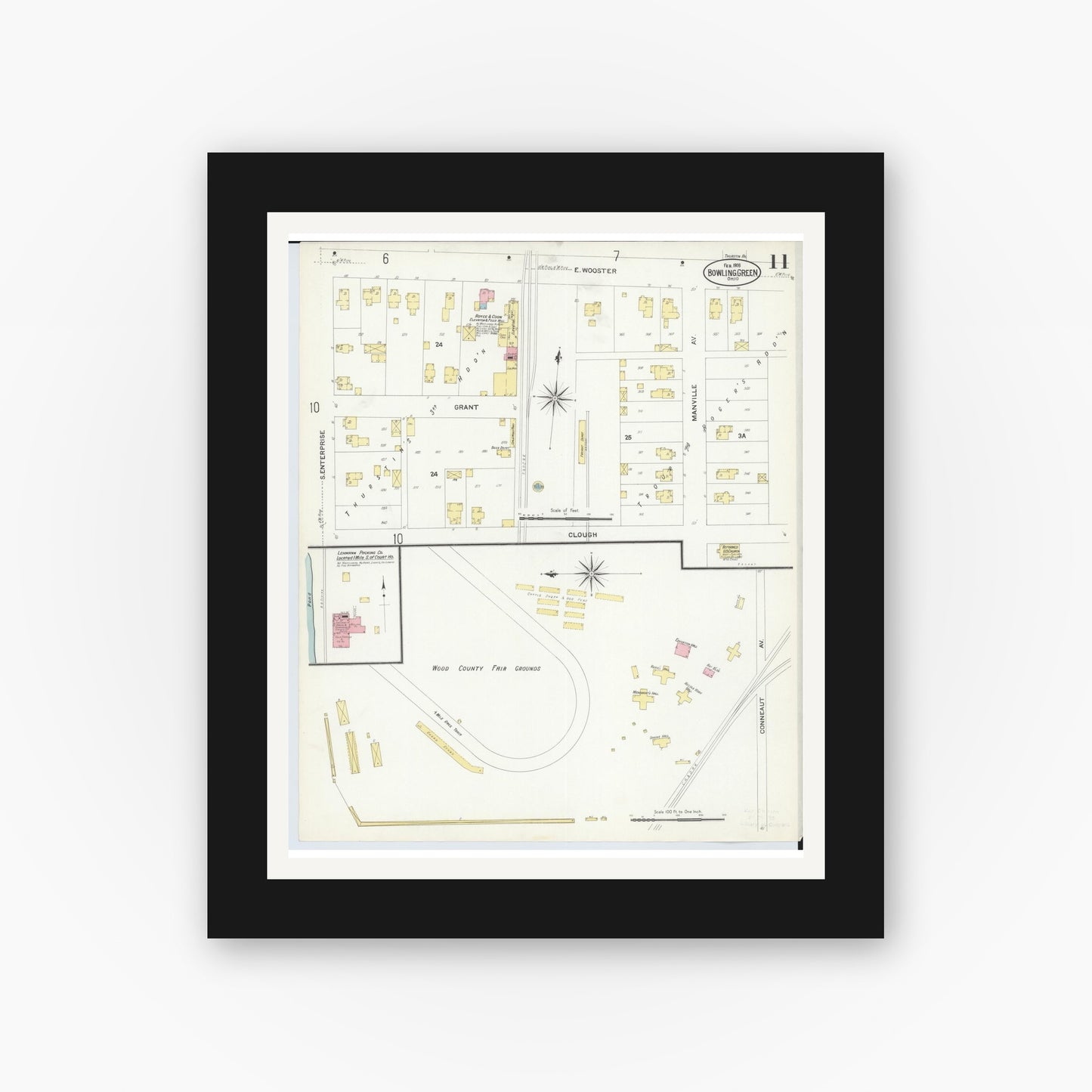 Old map wall art mockup — black gallery frame with white mat — Sanborn Fire Insurance Map from Bowling Green, Wood County, Ohio (1908), Sheet #0011