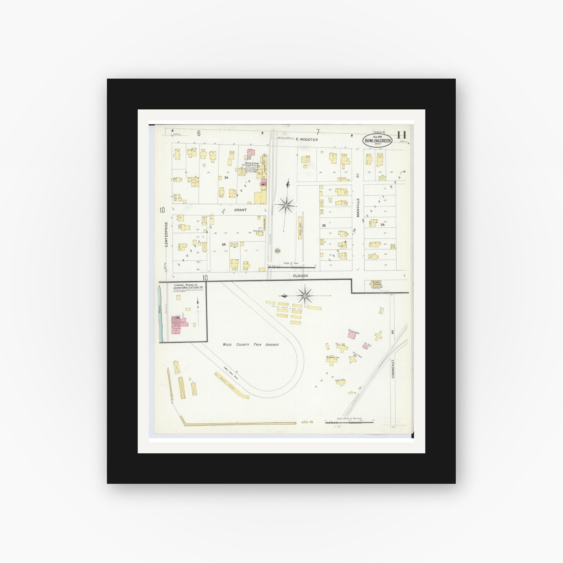 Old map wall art mockup — black gallery frame with white mat — Sanborn Fire Insurance Map from Bowling Green, Wood County, Ohio (1908), Sheet #0011
